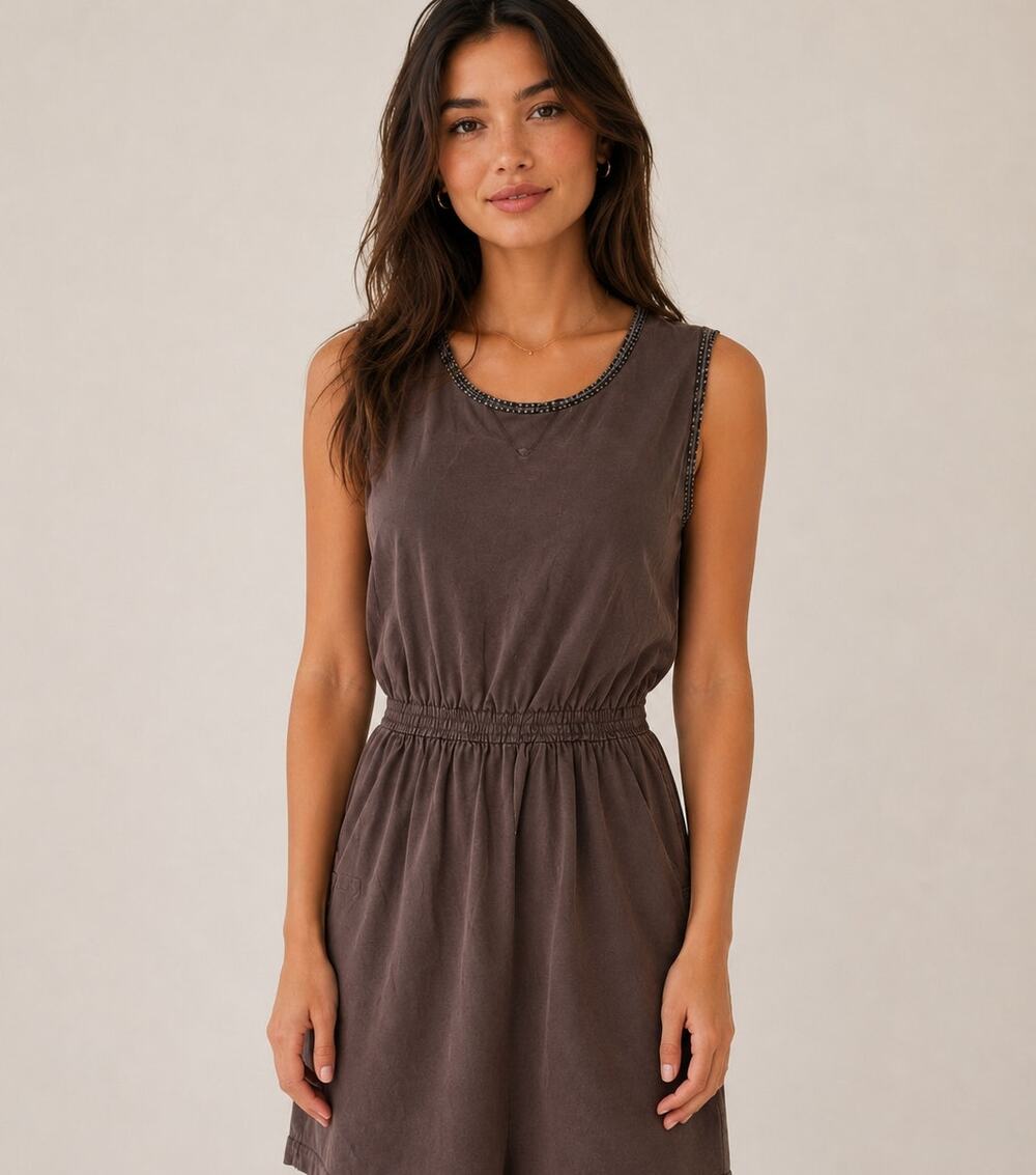 Matilda Jane Mauve Floral Trim Elastic Waist Sleeveless Mini Dress Small Boho